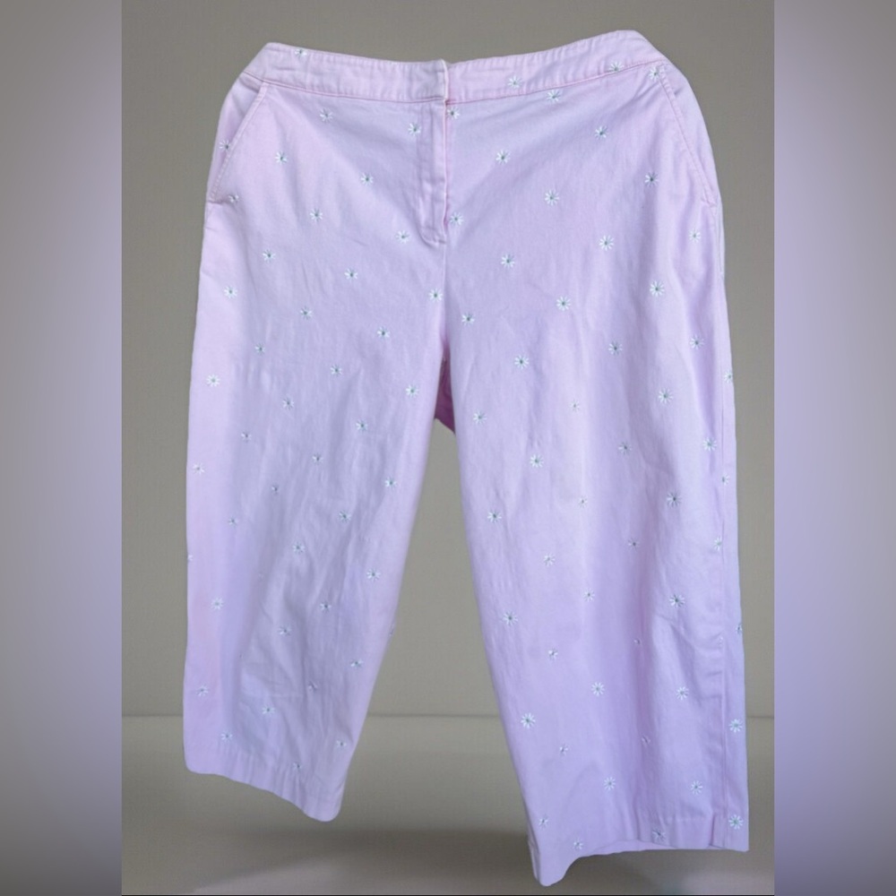 Briggs New York High Rise Flat Front Capris Pink White Daisy Pattern Pockets 14
